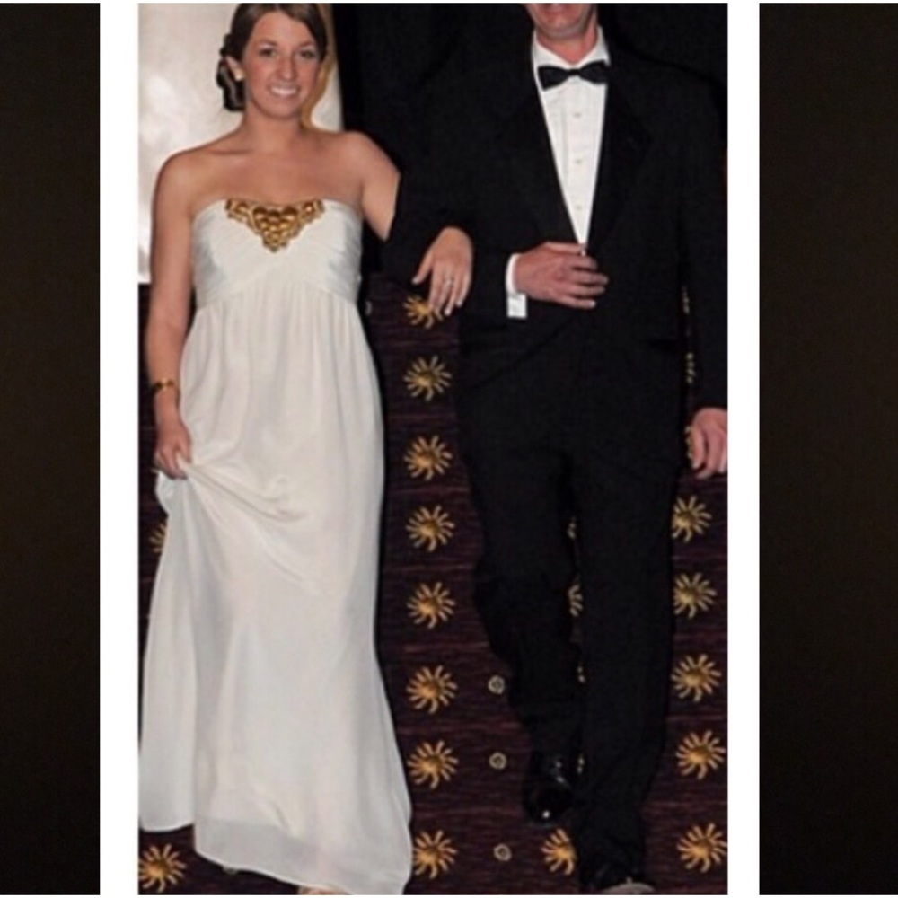 White shoshanna formal white gown with gold detail